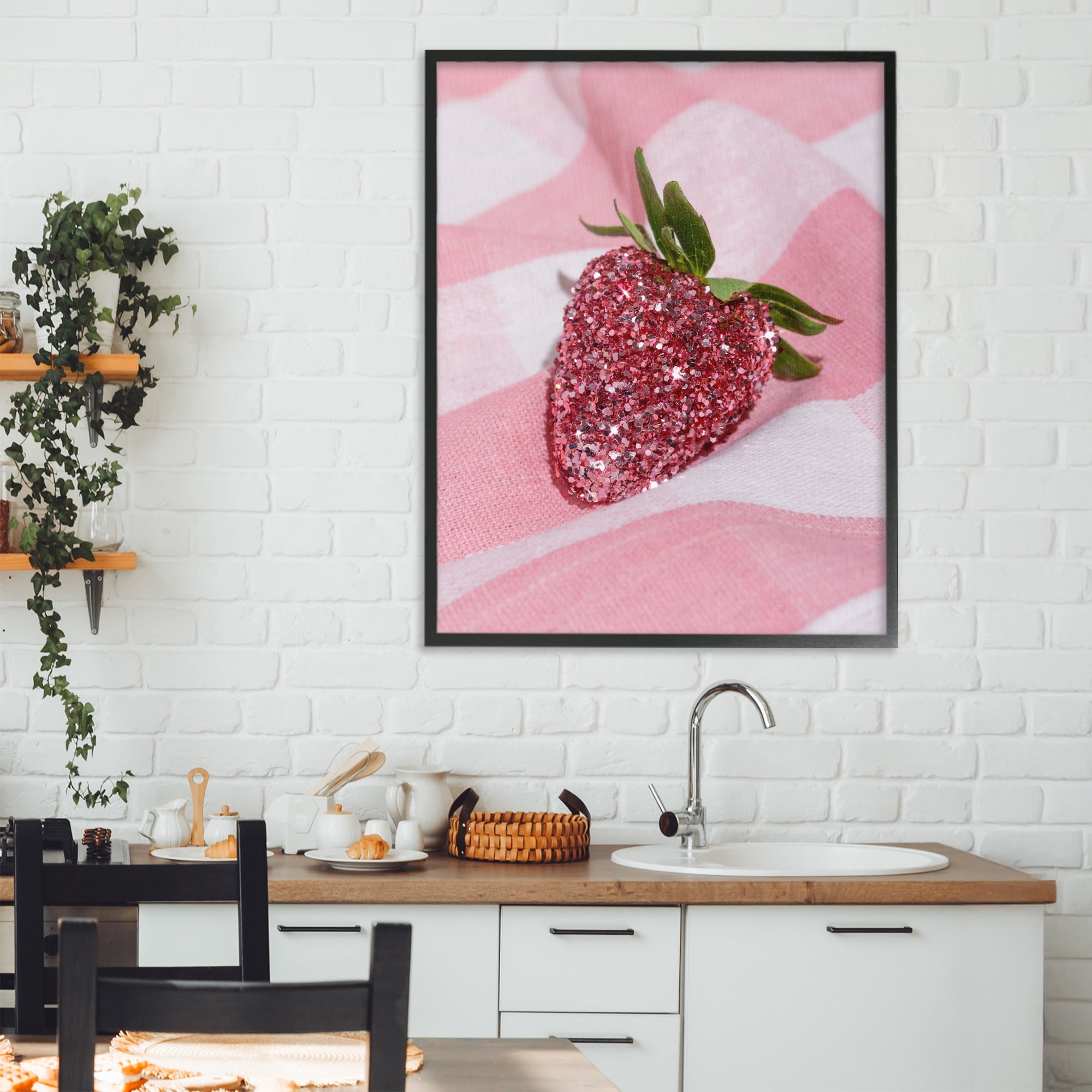 Stupell Industries Glimmer Strawberry on Pink Black Framed Giclee Art, design by LISH Creative