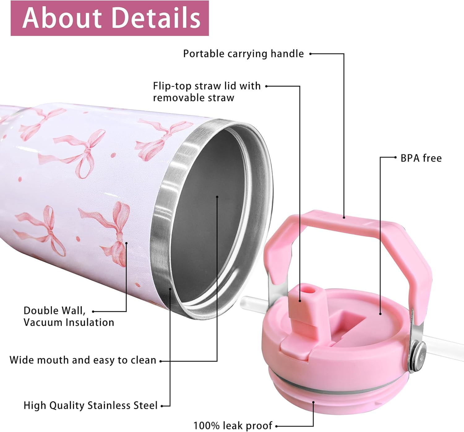 30 oz Bow Tumbler with Straw Handle, Gifts for Women Who Loves Bow, Stainless Steel Insulated Water Bottle Coffee Cups for Home Office Travel