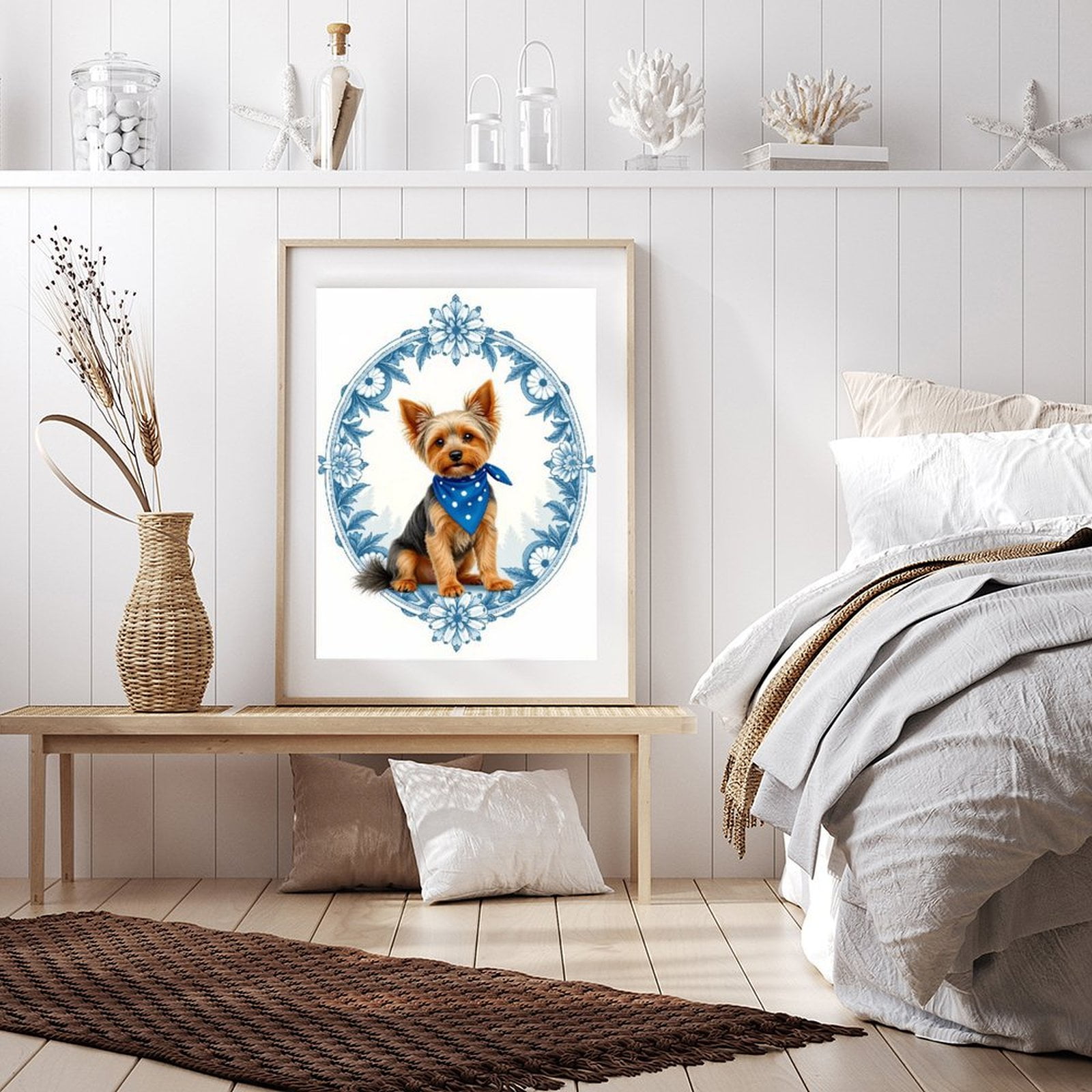 Diamond Art Kit for Adults, Small Dog Blue Bandana Floral Frame Diamond Painting for Adults Beginners, DIY Diamond Art Painting Kits, 5D Diamond Painting Crafts for Home Decor 12x16 Frameless