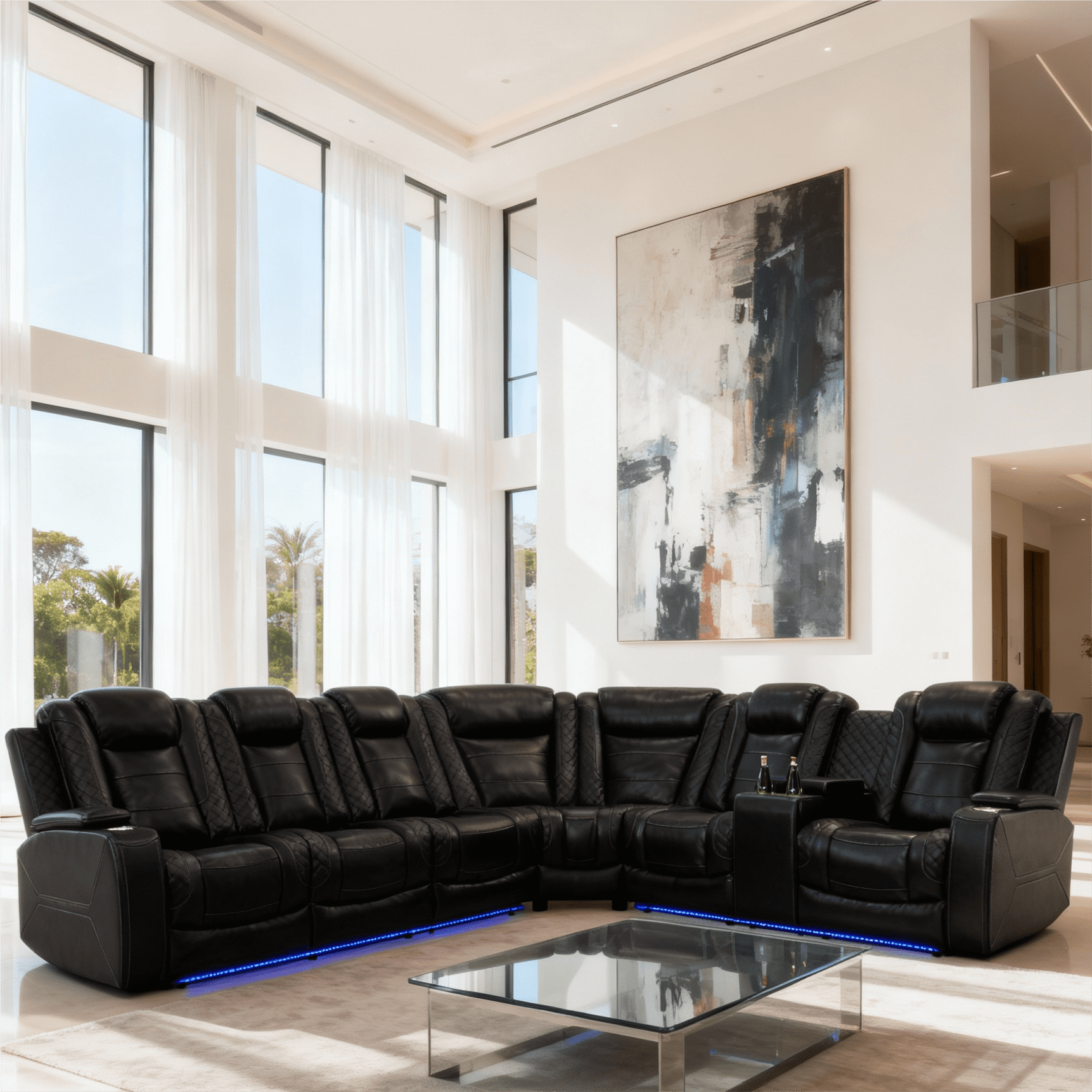 Gewnee Air Leather Oversize Power Recliner Sectional Sofa with Cup Holder for Living Room Office Theater
