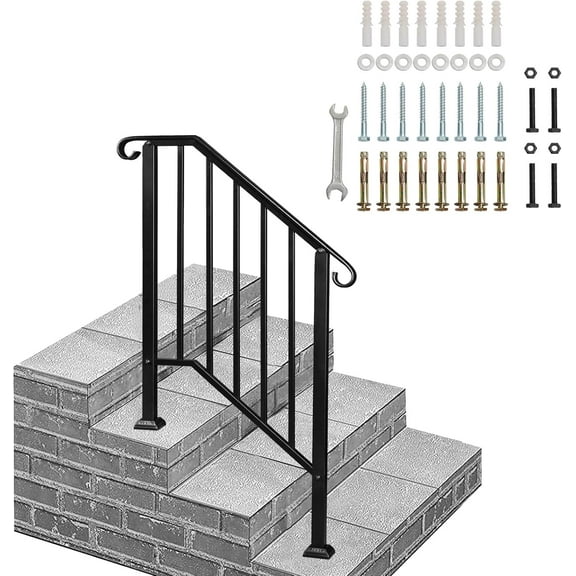 GJWL Handrails for Outdoor Steps, Black Wrought Iron Handrail Fits 2 or 3 Steps, Transitional Handrail with Installation Kit, Stair Railing for Concrete Steps or Wooden Stairs