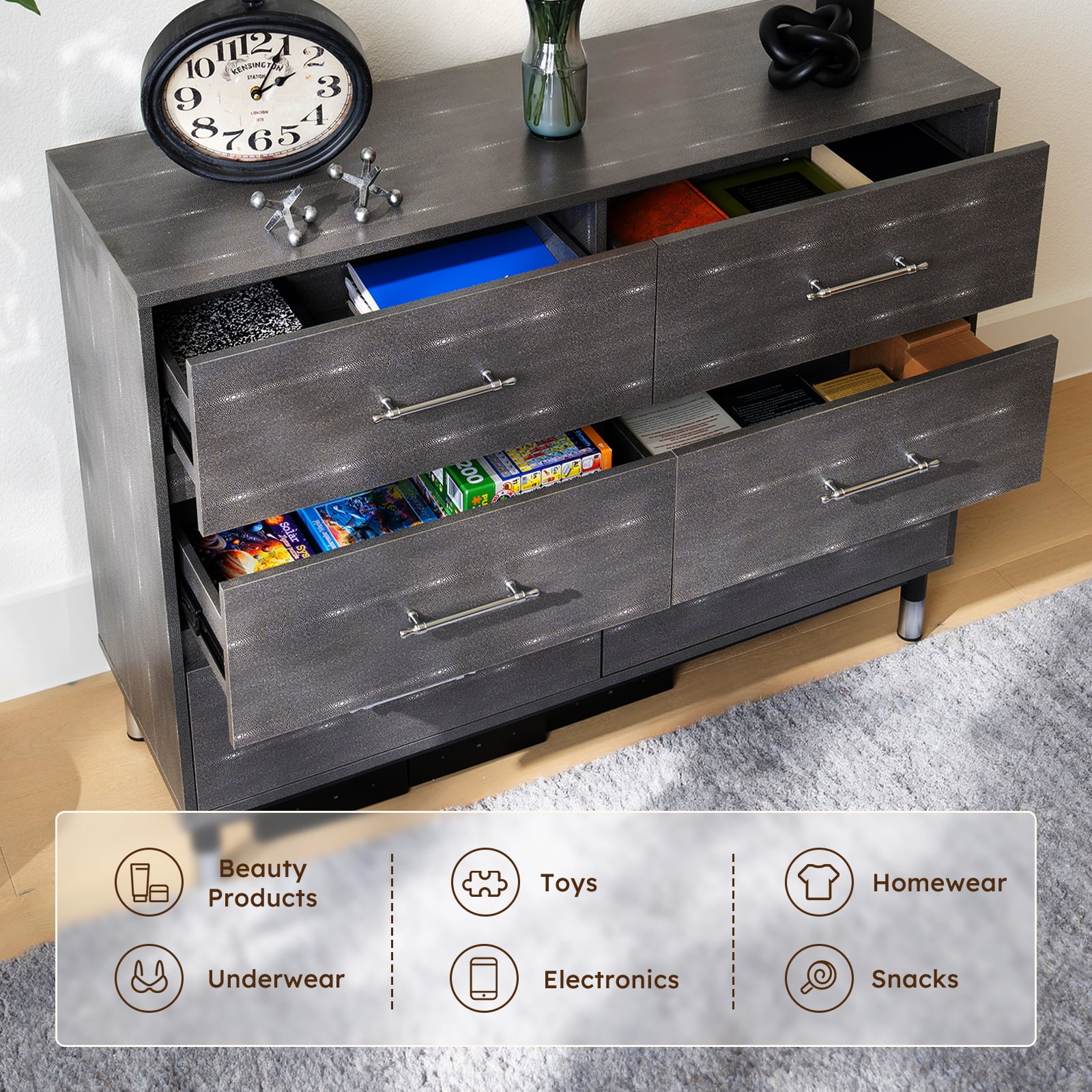BERRY NEST Grey Dresser for Bedroom, 6 Drawer Wood Dresser with Modern Storage Organizer, Wide Chest of Drawers for Clothes, Closet, Living Room