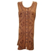 Mogul Women's Embroidered Sleeveless Beach Dress Rust Button Front Shift Tunic XL