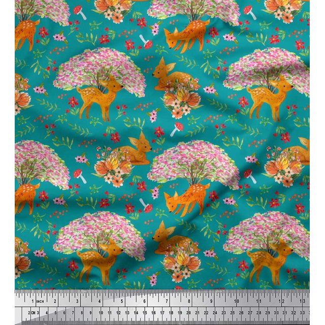 Soimoi Polyester Crepe Fabric Tree,Floral & Deer Animal Print Sewing Fabric Yard 52 Inch Wide