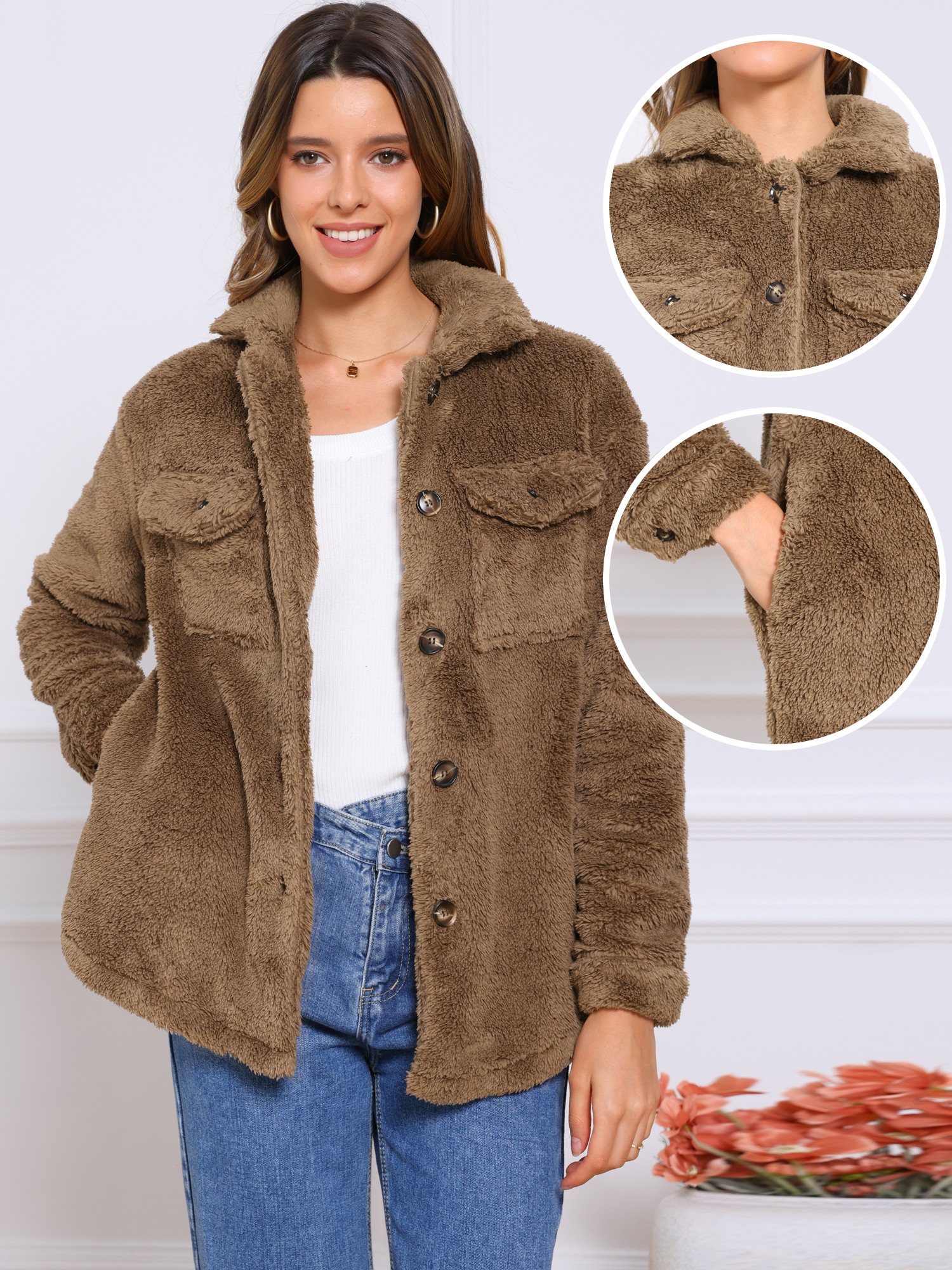 DARING DIVA Women's Fuzzy Teddy Pockets Button Down Faux Fur Coats M Brown