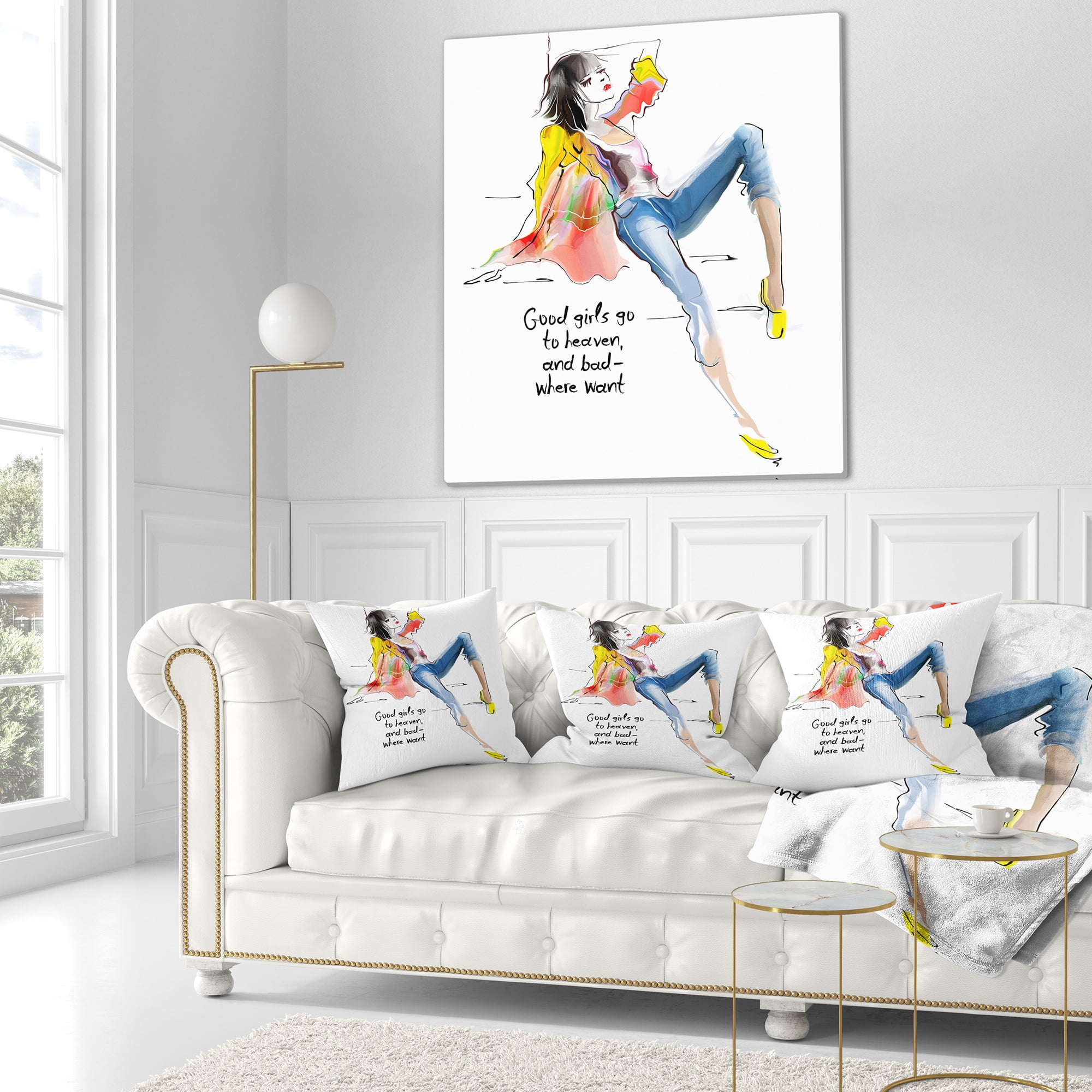 Designart Yellow Blue Young Woman - Abstract Portrait Throw Pillow - 16x16