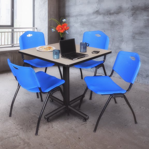 Kobe 42in. Square Breakroom Table- Maple & 4 'M' Stack Chairs- Blue