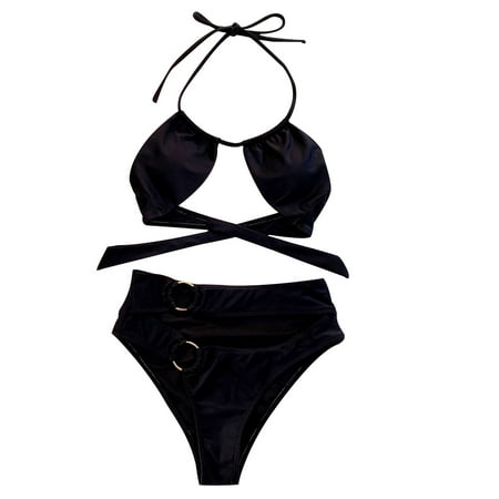 QLEICOM Womens Swimsuits Tummy Control Plus Size Swimsuit Coverup Sexy Hollow Out Solid Bikini Push-Up Pad Swimwear Set Swimsuit Beachwear Black L