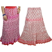 Mogul Wholesale Lot Of 2 Womens Tiered Skirts Red Pink Print Bohemian Fashion Flare Long Maxi Skirts