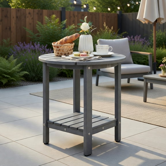 Resenkos 18 Inch Round Weather-Resistant Adirondack Side Table-Gray, Slatted Outdoor Coffee Table for Outside Patio Storage