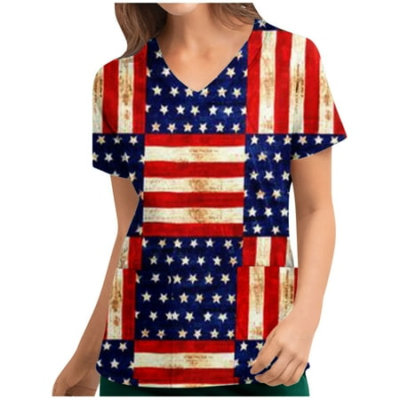 

Danhjin Womens Nursing Scrub Tops Printed Working Uniform Short Sleeve V-Neck Workwear Blouse T-shirt with Pockets 4th of july Scrubs - Summer Savings Clearance