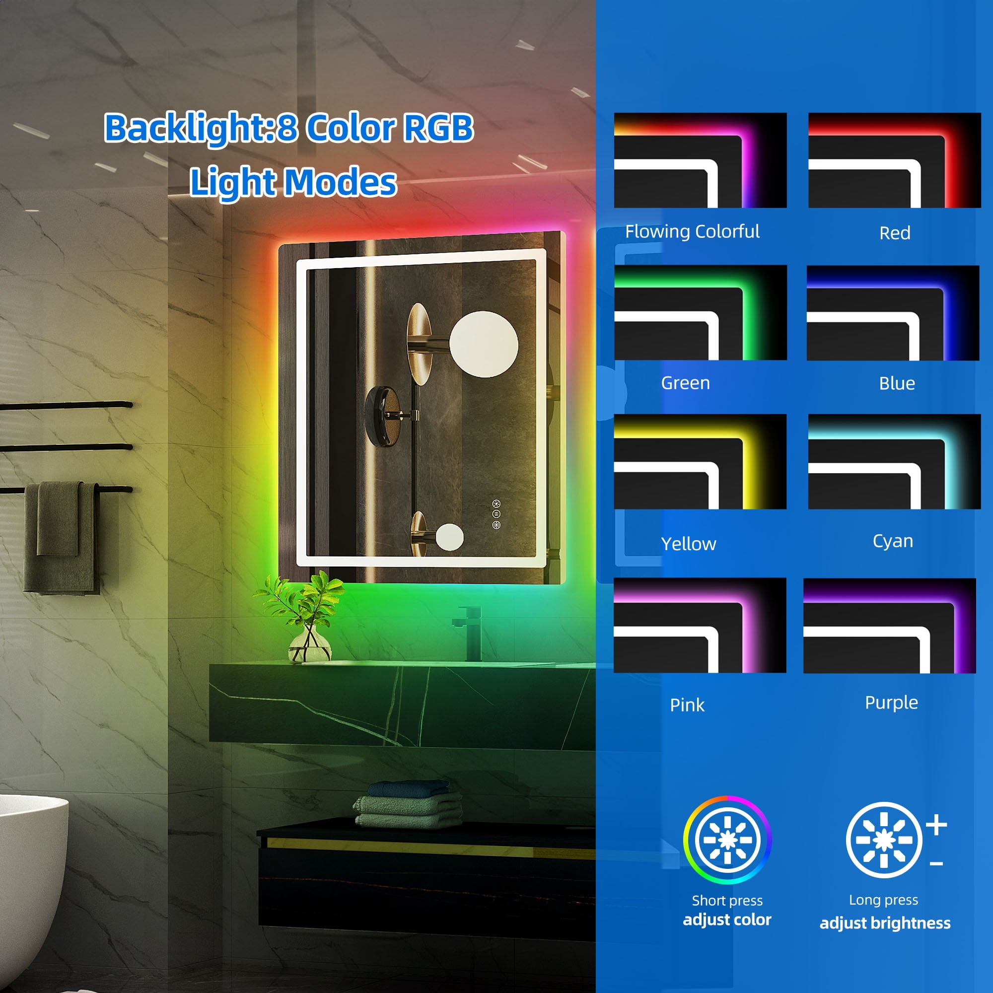 Dextrus Wall Mounted Lighted Vanity Mirror 36 x 28 RGB LED Mirror for Bathroom Lighted Mirrors