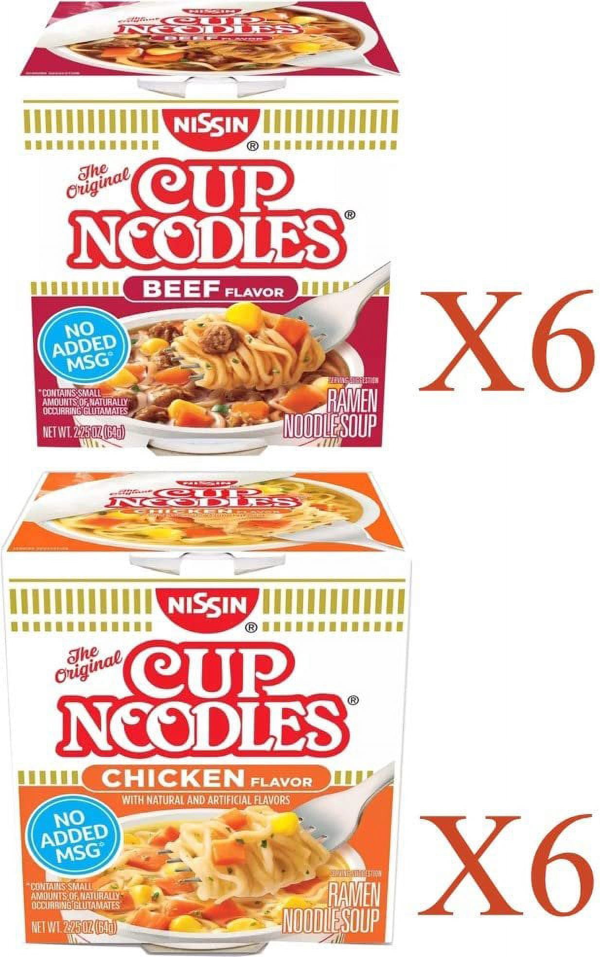 Nissin Cup Noodles Soup Instant Cup 12 Count 6 Instant Chicken Cup, 6 Instant Beef Cup, Soup Lunch / Dinner Variety, 2 Flavors