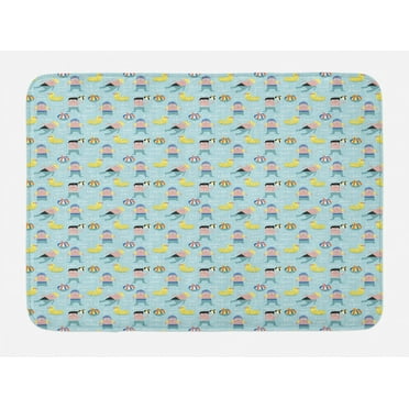 Summer Bath Mat, Young Boys Swimming in the Pool with Balls and Duck Floats Drawn by Hand, Plush Bathroom Decor Mat with Non Slip Backing, 29.5" X 17.5", Pale Teal Multicolor, by Ambesonne