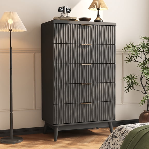 47"H Fluted 5 Drawer Dresser for Bedroom, Modern Chest of Drawers with Metal Handle, Wooden Storage Organizer for Living Room, Hallway, Black