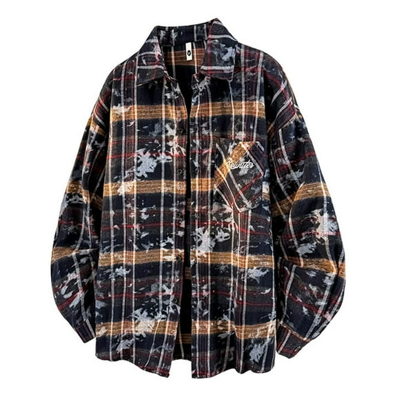 Donemore Men's Checkered Embroidered Print Loose Fit Casual Long Sleeve Button-Down Shirt with Button Pocket, Modern Stylish Design for Men's Wardrobe