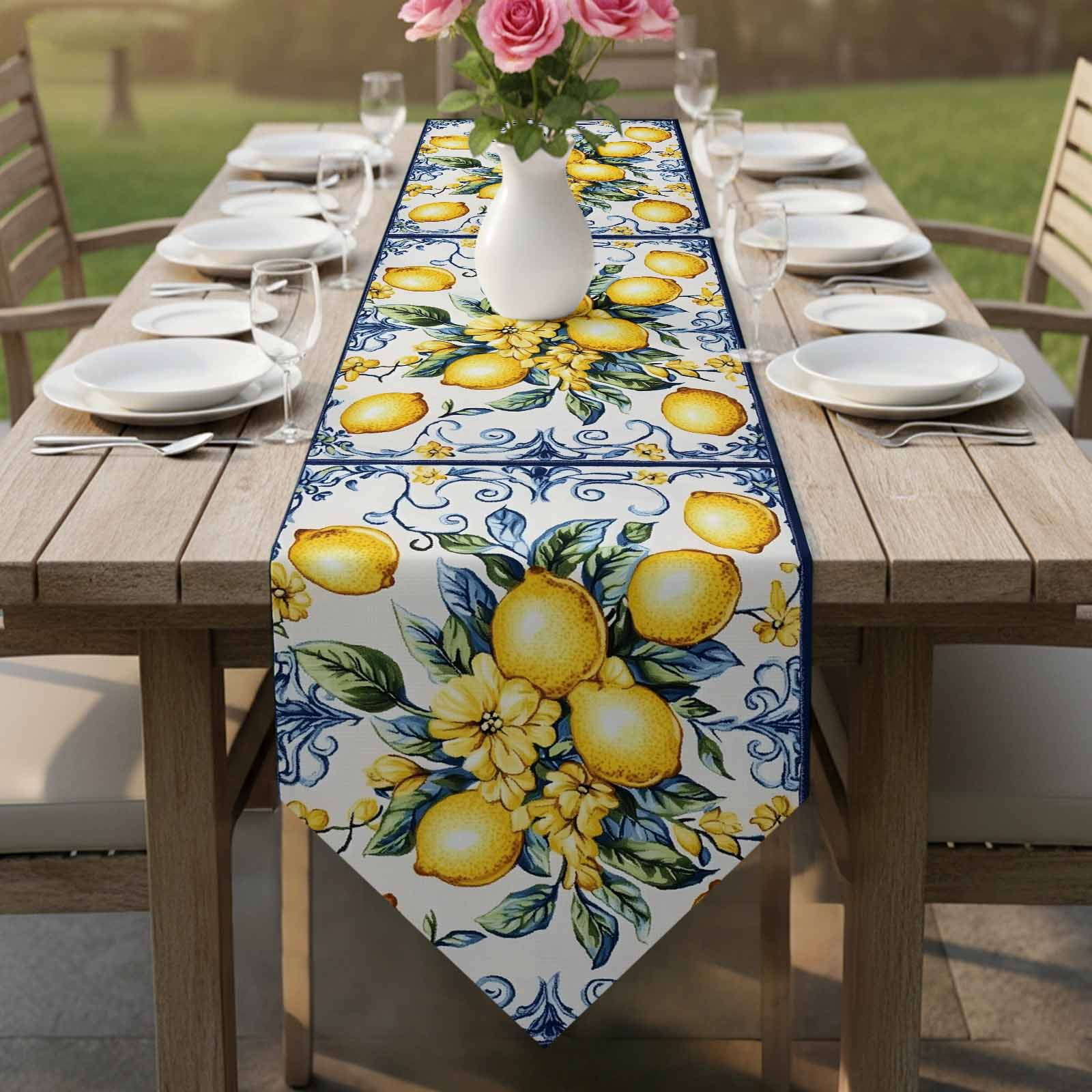 Yellow Lemon Table Runner Linen Burlap Table Runner 108 Inches Long Middle Century Blue Italian Textured Dresser Scarves for Kitchen Island Coffee Dining Room Party Holiday Decoration 13"x108"
