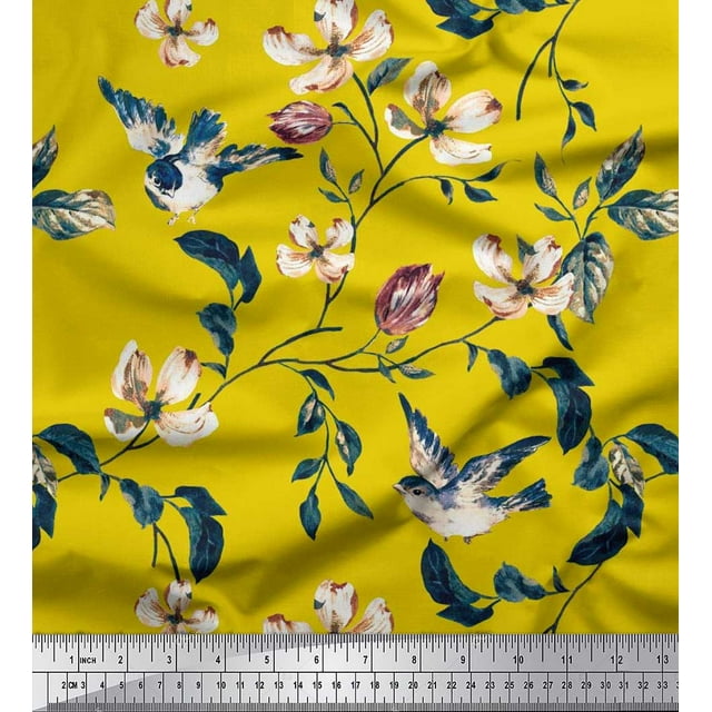 Soimoi Modal Satin Fabric Robin,Leaves & Wildflower Floral Print Fabric by Yard 42 Inch Wide