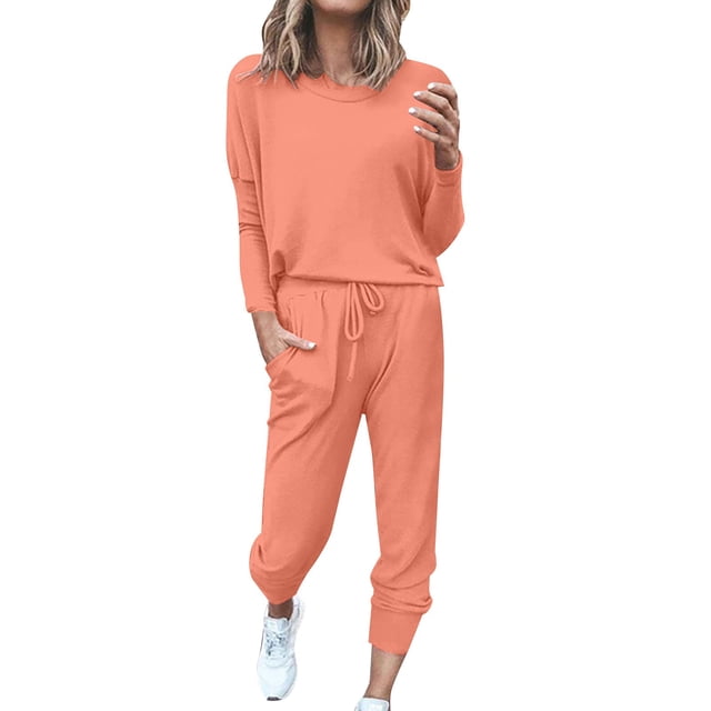 GZWYHT Sets for Women Long Sleeve Sets for Women Women Solid Color Long Sleeve Loose Long Pants 2 Set Lounge Sets for Women Track Suits for Women Set Watermelon Red 3XL