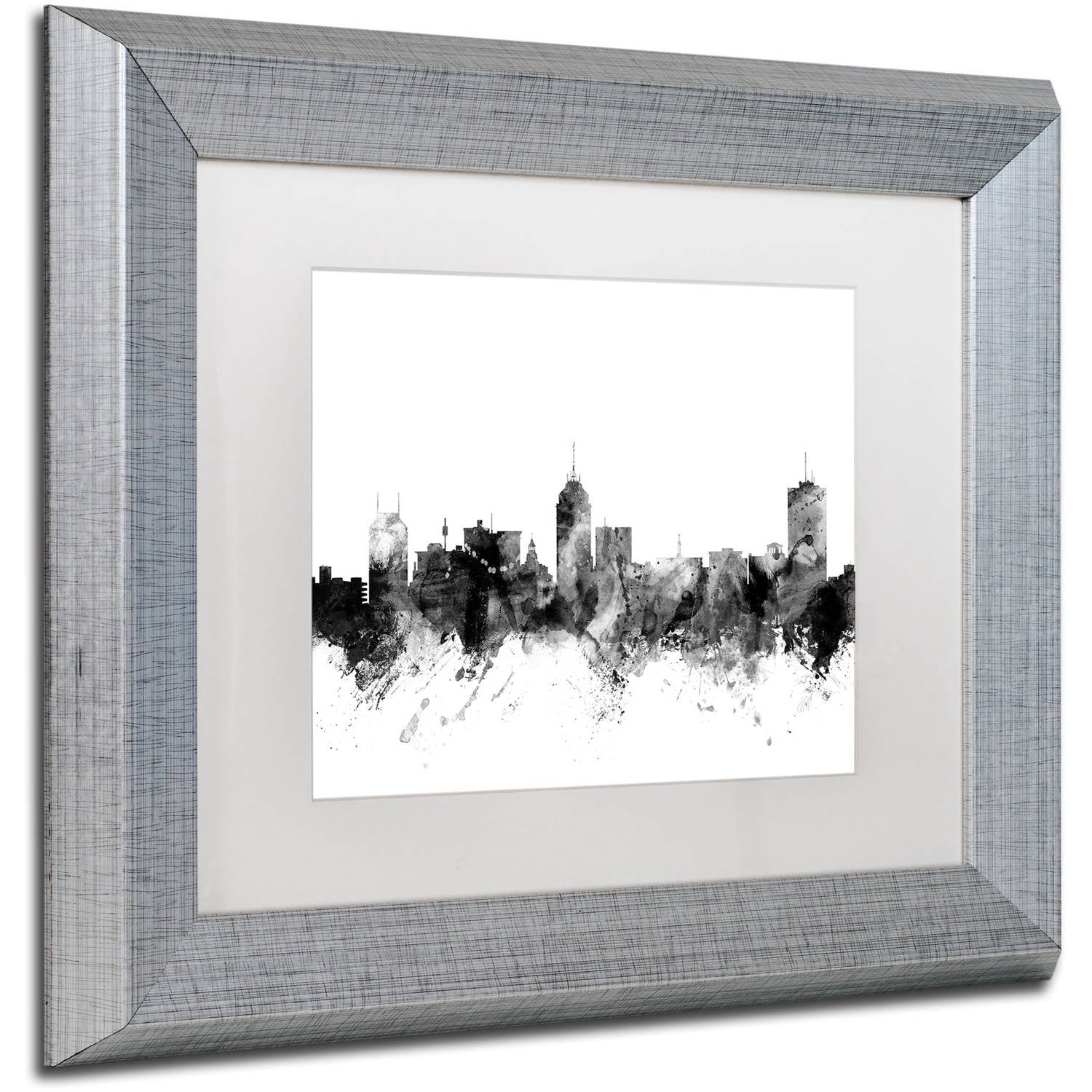 Trademark Fine Art "Fresno California Skyline B&W" Canvas Art by Michael Tompsett, White Matte, Silver Frame