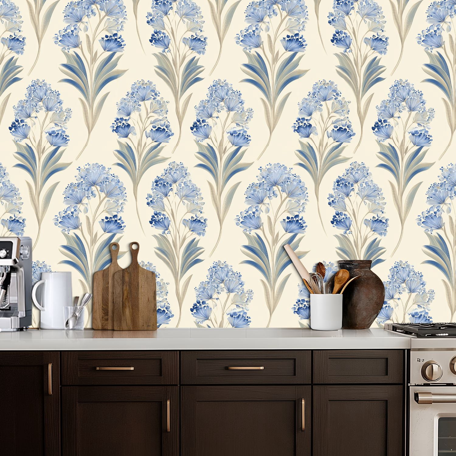 Peel and Stick Wallpaper Elegant Blue Floral Cream Wall Mural 17.7in x 9.8ft Self Adhesive Removable Wall Paper Renter Friendly Wallpaper for Bedroom Nursery Living Room