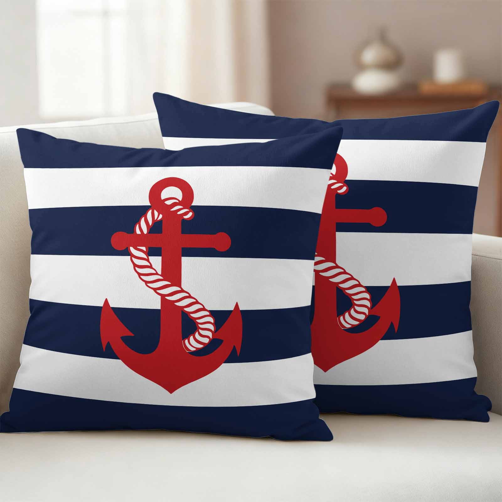 Outdoor Pillow Covers Pack of 2, Nautical Anchor Navy Blue Waterproof Throw Pillowcase Cushion Cases, Summer Ocean Coastal Style Decorative Pillow Cover for Couch Sofa Home Bed Patio