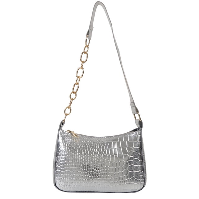 Bolso bandolera de piel sintética con cadena y estampado de cocodrilo estilo retro francés, color plateado