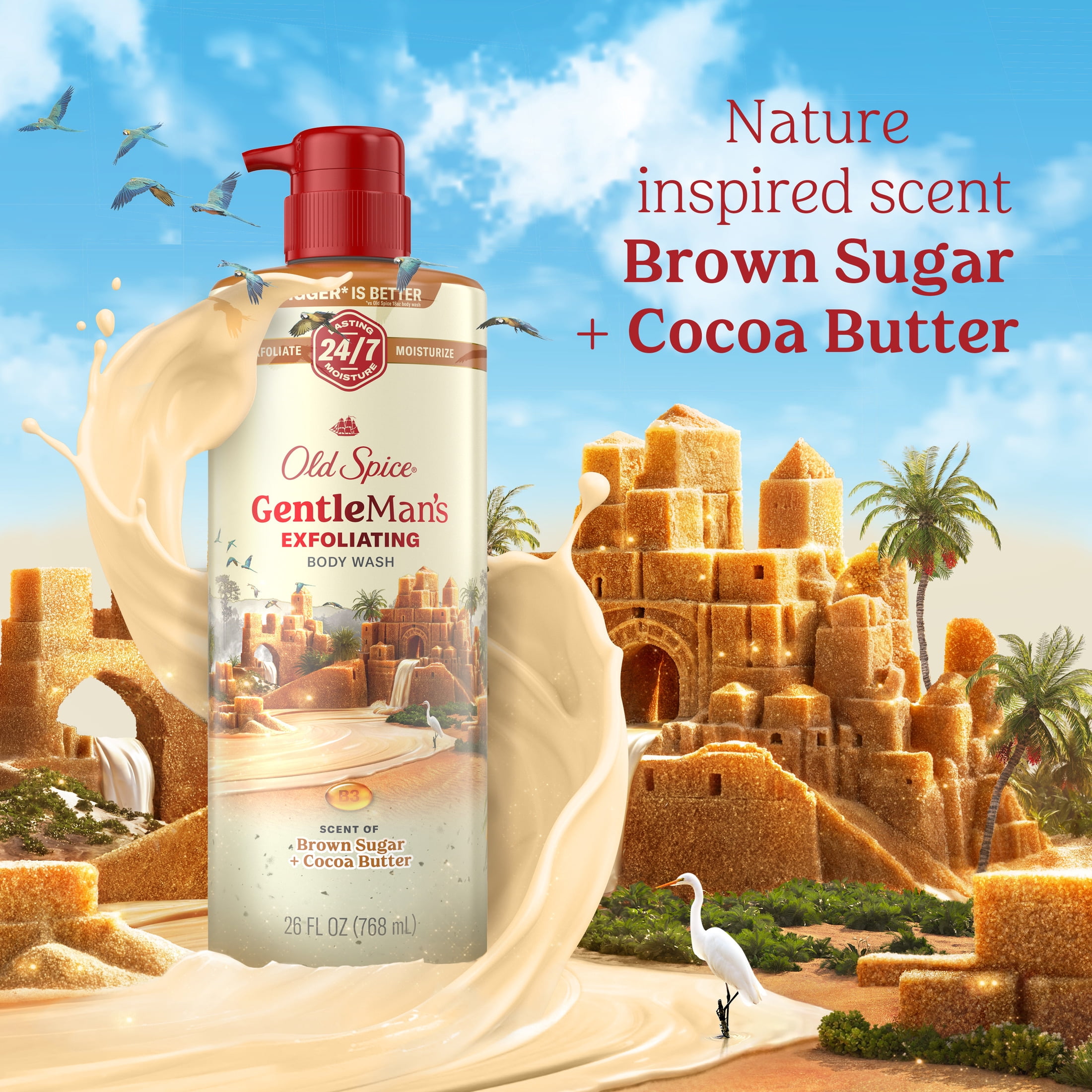 Old Spice Men's Body Wash for Men, Brown Sugar and Cocoa Butter, 24/7 Shower Fresh, 18 oz, Exfoliation + Moisturization, 26oz