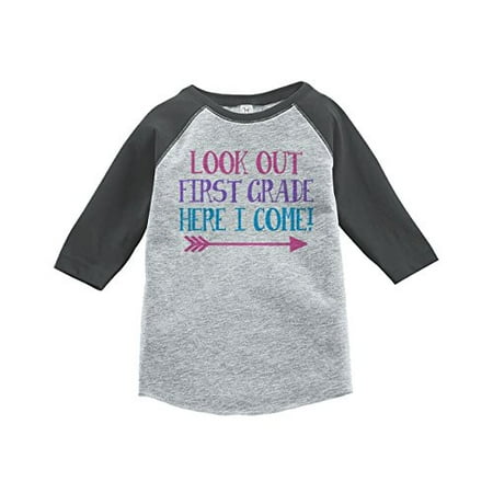 

Custom Party Shop Girls Look Out 1st Grade Grey Baseball Tee