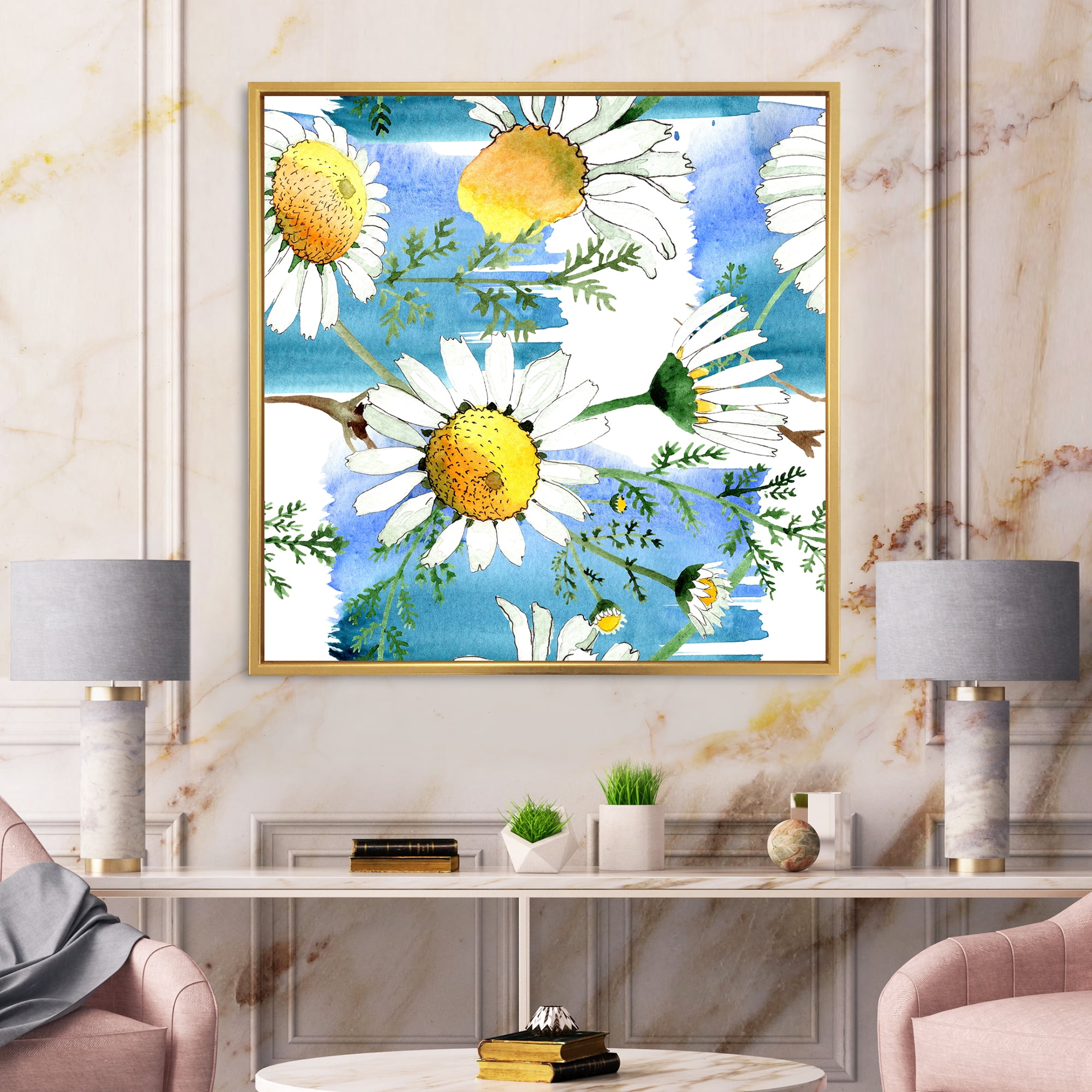 Designart 'Wild Spring White Chamomile Flowers' Traditional Framed Canvas Wall Art Print