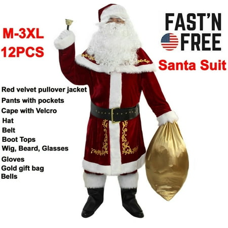 Men's Deluxe Santa Suit 12PC. Christmas Adult Santa Claus Costume -L