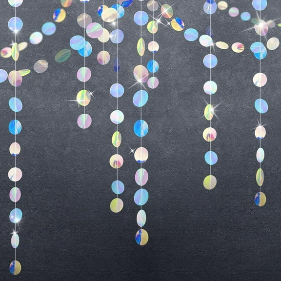 GoXteam Shiny Iridescent Circles Garland, 4 Strings 52ft, Disco Silver Garland for Iridescent Party Decorations, Holographic Garlands for Disco Decor | Garlands for Decoration