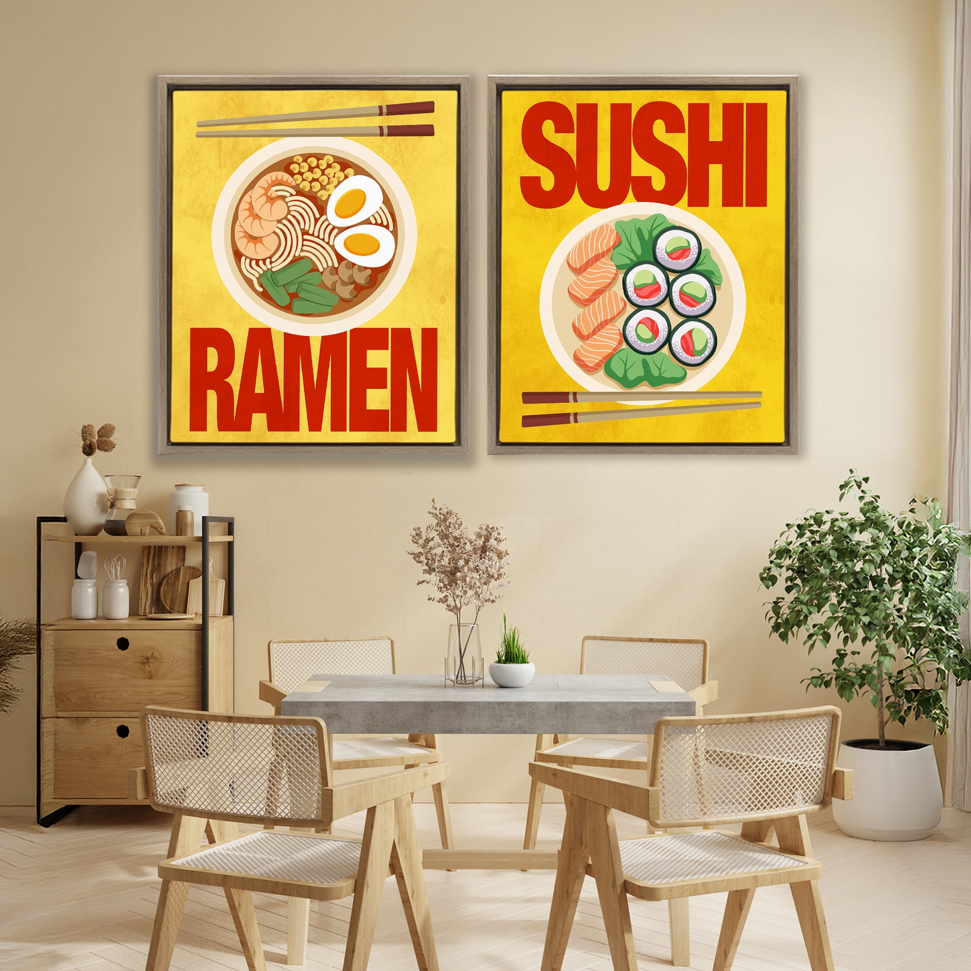 Stupell Industries Ramen & Sushi Japanese Cuisine 2 Piece Brown Framed Floater Canvas Set, design by Marcus Prime