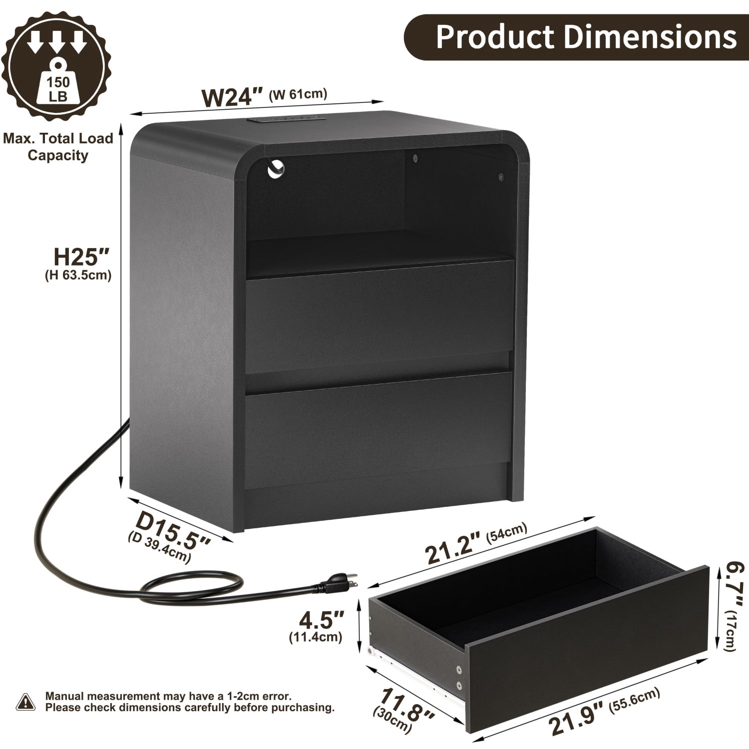 Hommoo Modern 25" Wood Nightstand with Built-in Charging Station， 3-Drawer Mid-Century Bedside Table with 2 AC Outlets & 2 USB Ports, Black
