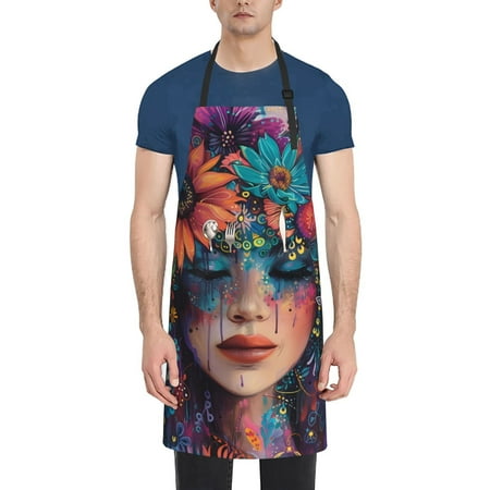 

Pofeuu Bohemian Colorful Flower Woman Print Waterproof Apron with Pockets Adjustable Cooking Aprons Kitchen Bib for Baking Household Cleaning