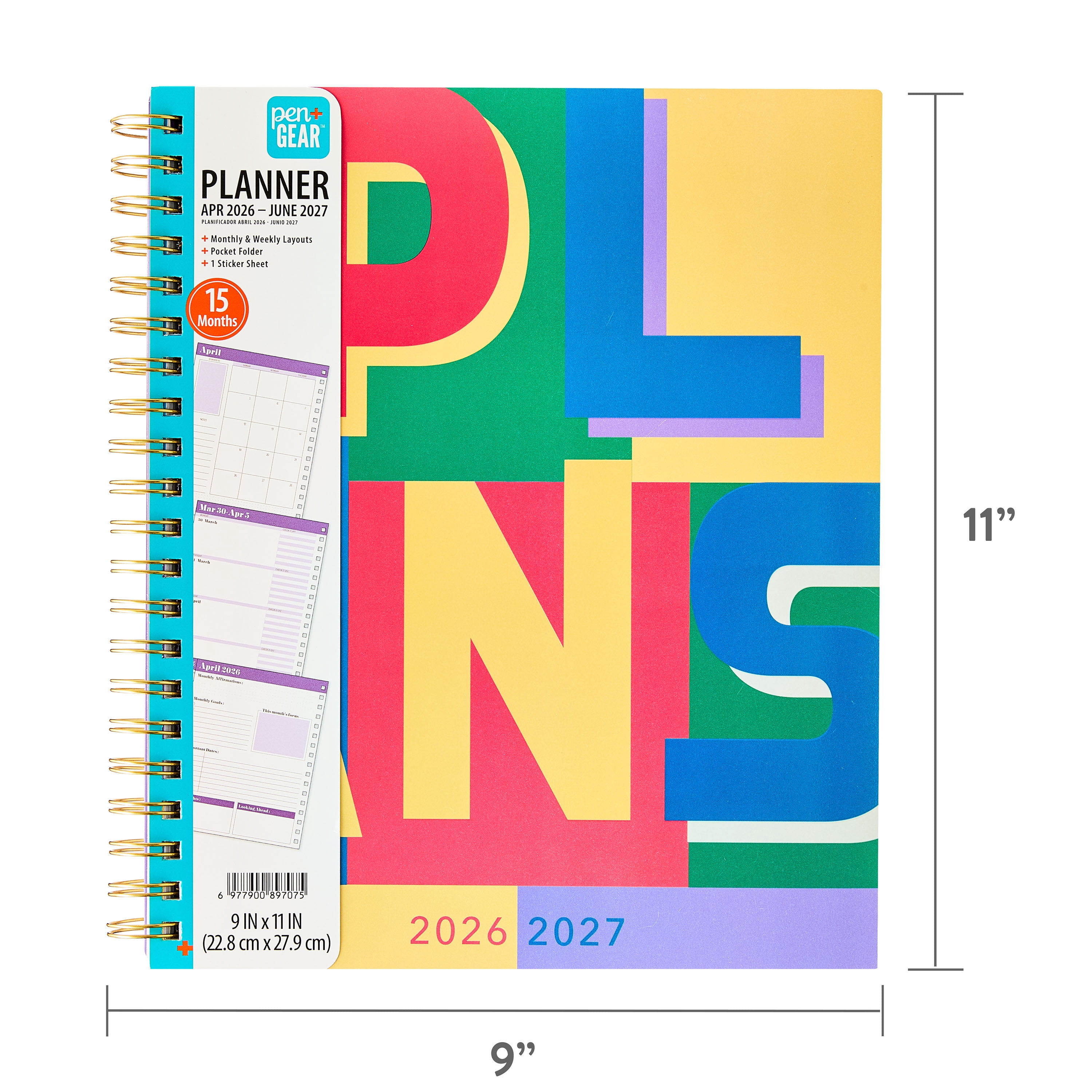 Pen+Gear Large 9"x11" Multi-Color 15-Month Planner, April 2026-June 2027