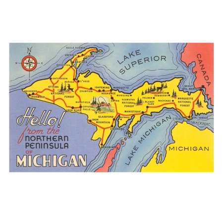 Map of the Upper Peninsula, Michigan Print Wall (Best Restaurants In Michigan Upper Peninsula)