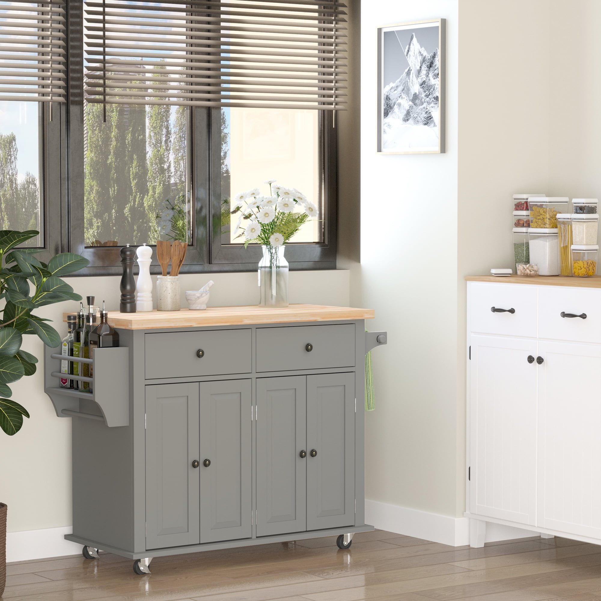 HOMCOM Kitchen Island on Wheels, Rolling Cart with Rubber Wood Top, Spice Rack, Towel Rack & Drawers for Dining Room, Gray