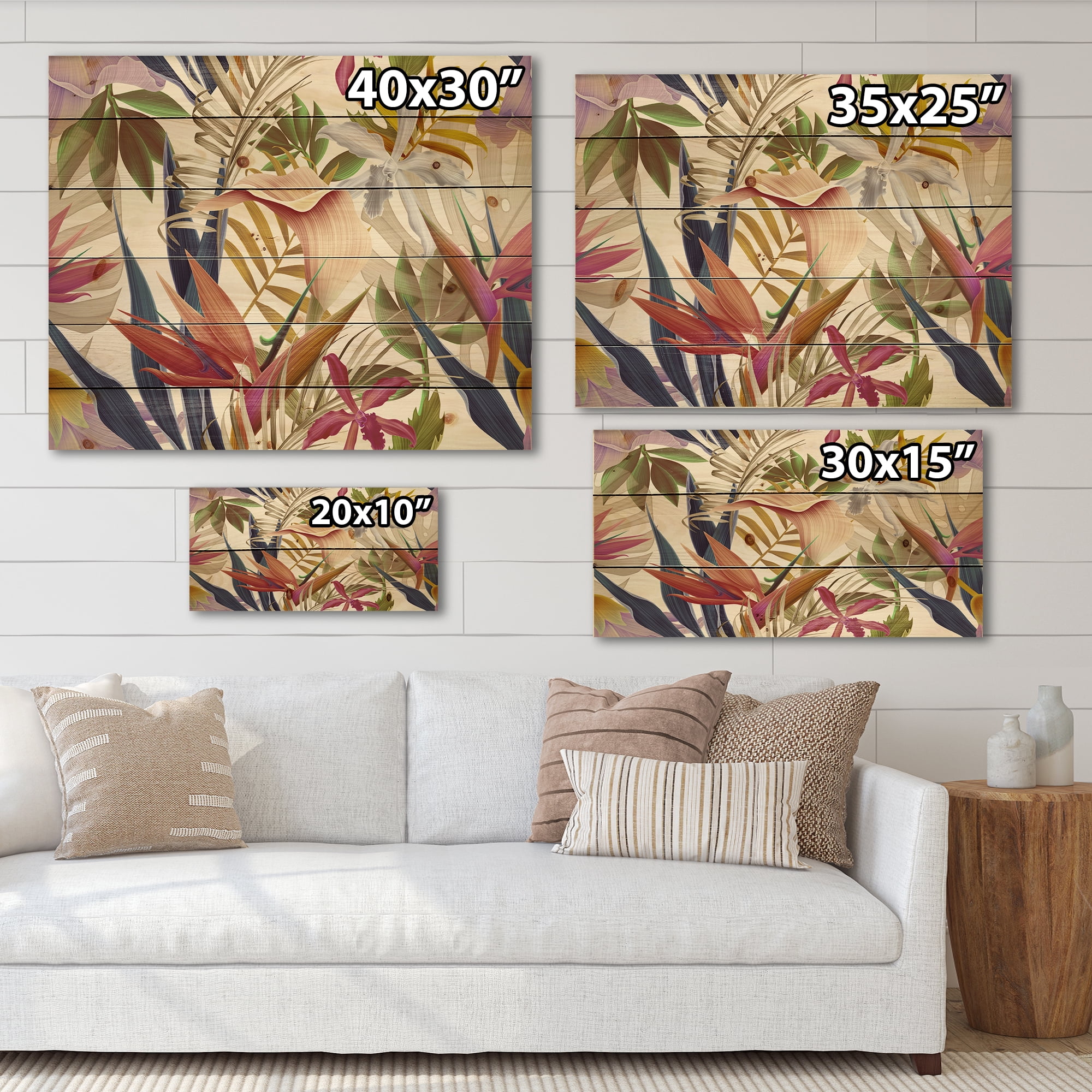 Designart 'VIntage Tropical Flowers VIII' Tropical Print on Natural Pine Wood