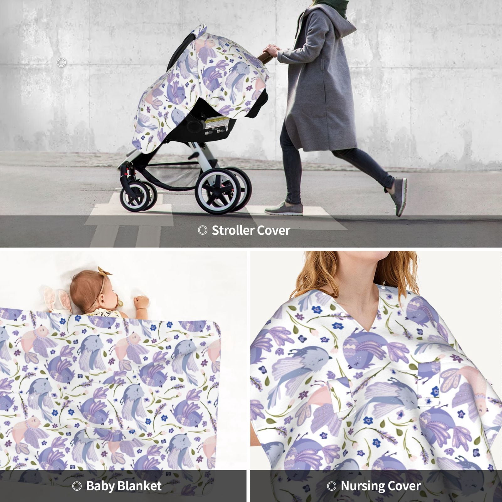 Car Seat Cover Baby - Lavender Flowers Bird Purple Breathable Infant Car Seat Cover for Baby Carseat, Lightweight Comfort Baby Essentials Must Haves Newborn Stuff for Girl Boy