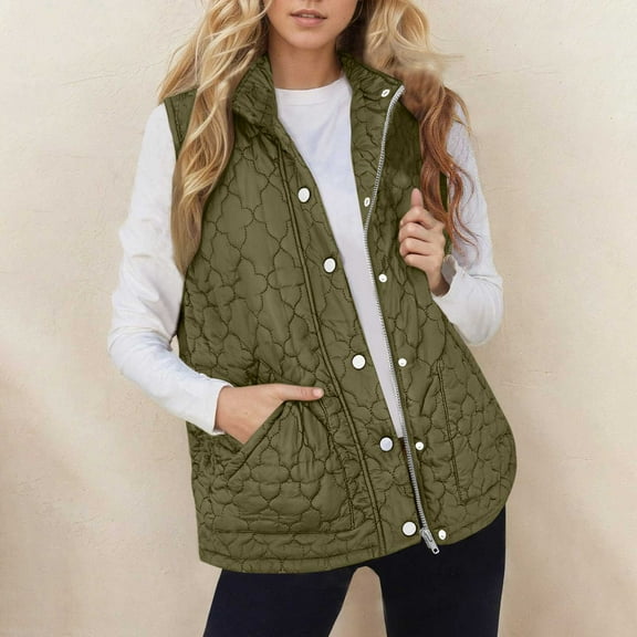 Karight Womens Puffer Quilted Vest Lightweight Stand Collar Cap Sleeve Jackets Button Down Padded Gilet Winter Outerwear