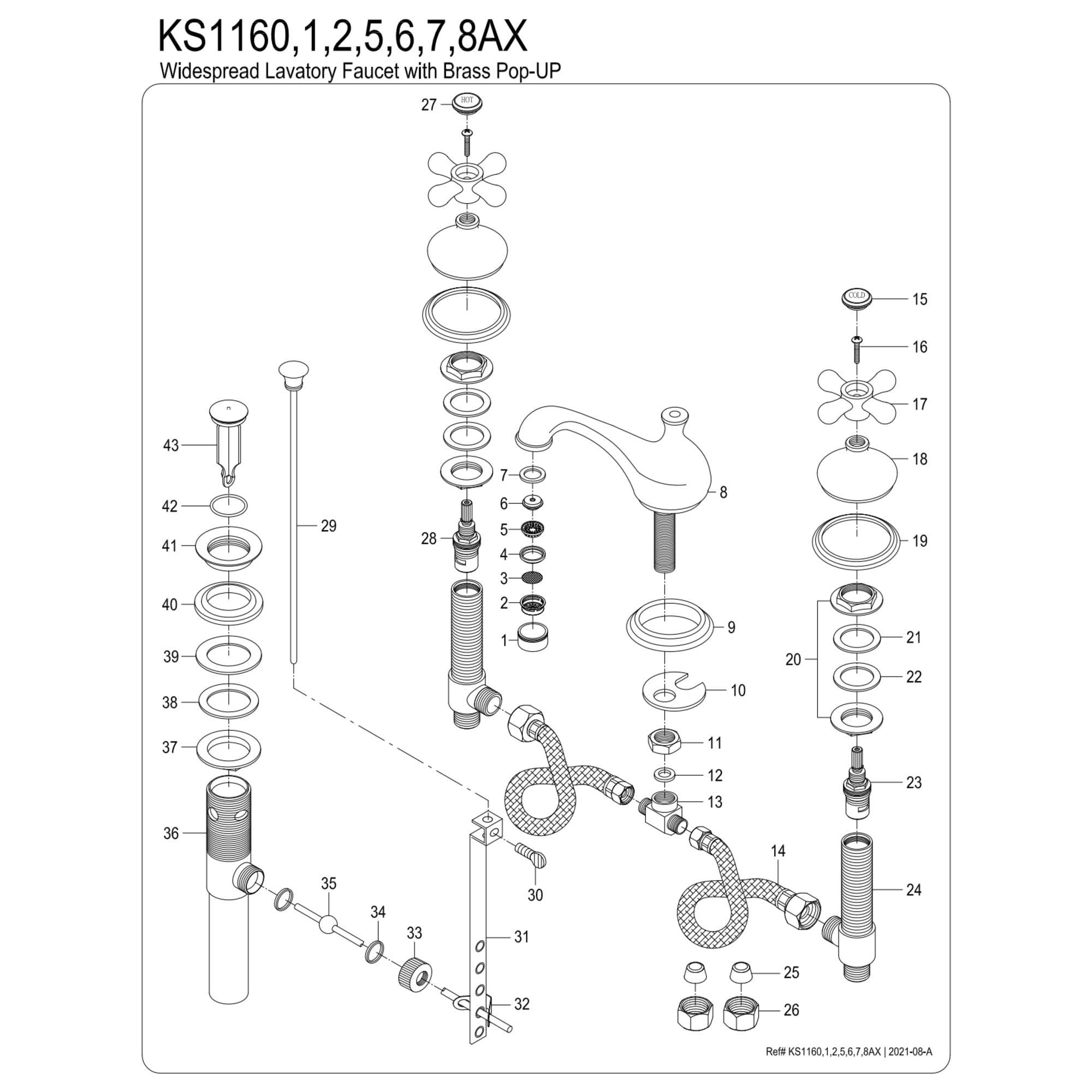Kingston Brass KS1160AX Heritage Two-Handle 3-Hole Deck Mount Widespread Bathroom Faucet with Brass Pop-Up in Matte Black