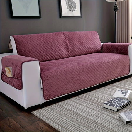 

PORK 2/3 Seats Velvet Quilted Slipcover Arm Sofa Cover with Side Pocket Storage Bag Pet Anti Slip Mat Furniture Protector Slipcover with Elastic Ribbon Seat Cover