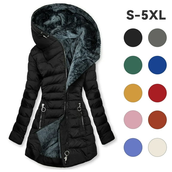 Axiiglly Winter Plus Size Puffer Jacket Womens Thick Fleece Zip Hood Puffer Jacket with Pockets Solid Color Comfort Warm Outwear Coats