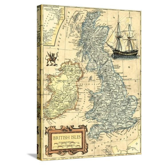 Art.com British Isles Map Stretched Canvas Print Wall Art by Vision Studio, 18" x 24"