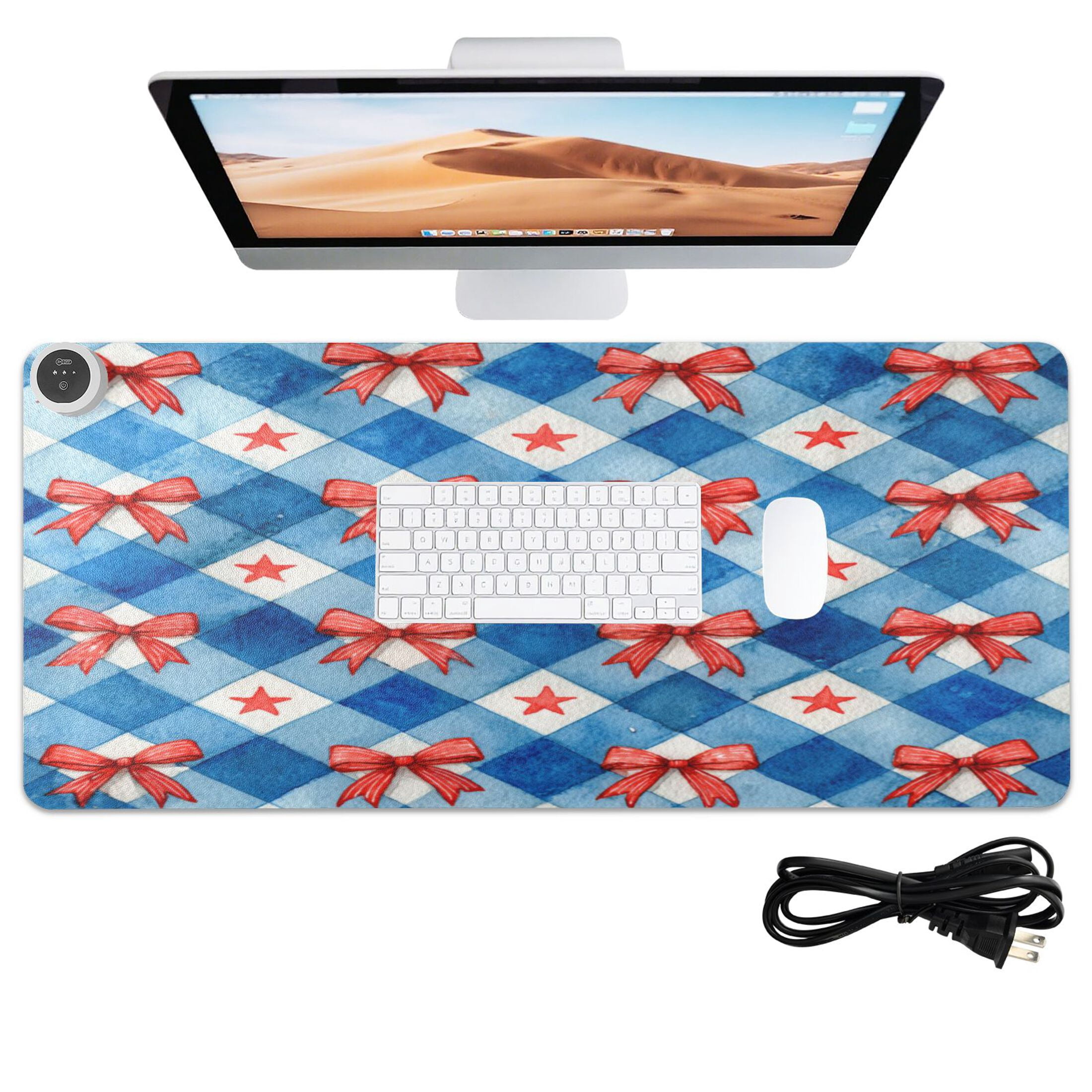 Large Heated Desk Mat Mouse Pad 31.5"x13"PU Leather Graphene Heating Desk Warmer with 3 Temperature Settings 110V US Plug Non-Slip Warm Pad for Home, Office, and Gaming Vibrant Red Bows Pattern