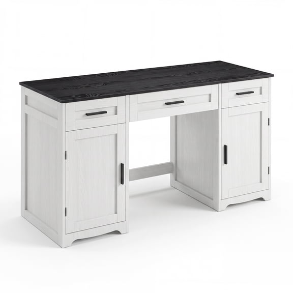 PYY Farmhouse Office Desk 55.1" with Drawers, White & Black Computer Writing Desk for Home Office Bedroom, Sturdy MDF Study Desk with Storage