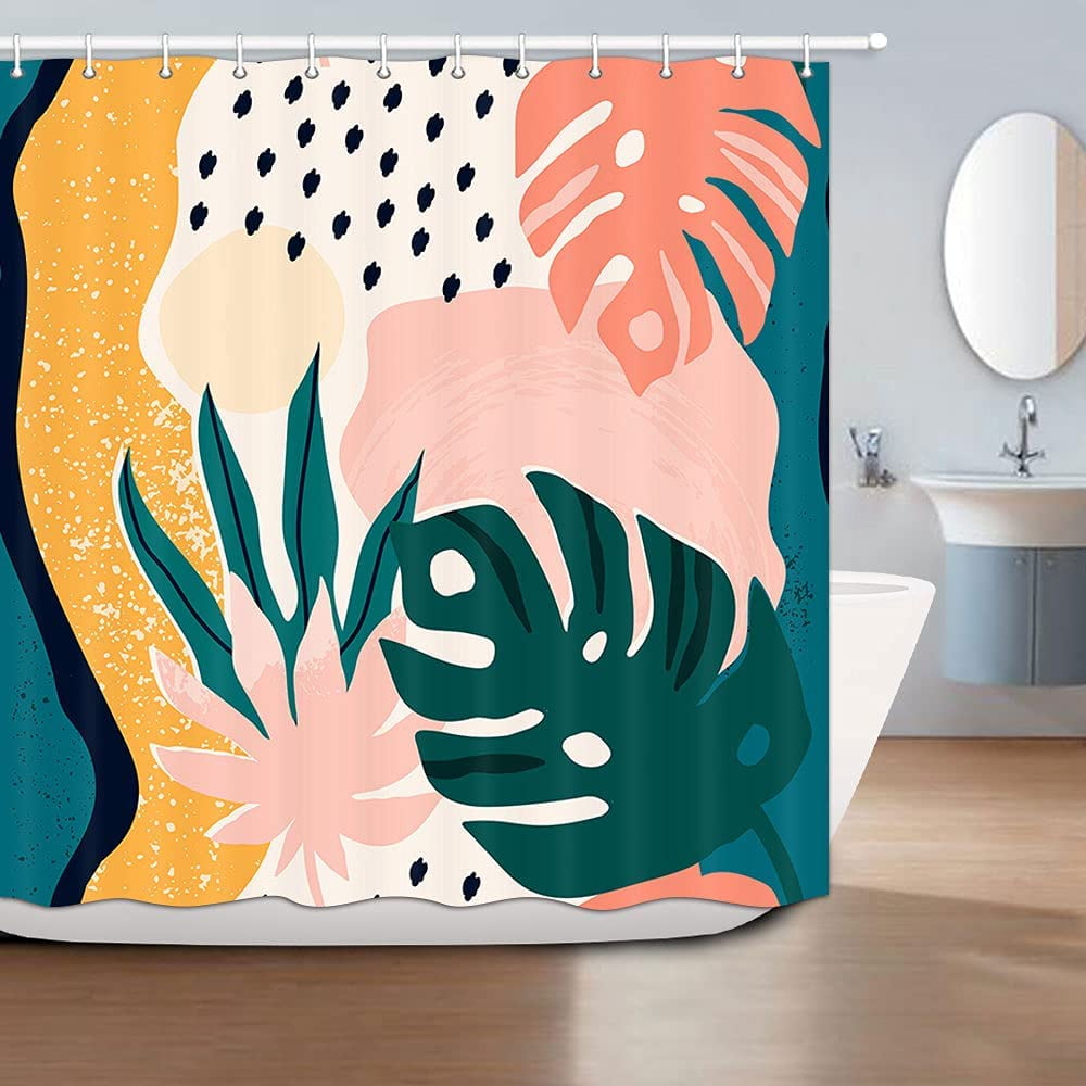 Abstract Fabric Shower Curtain Tropical Jungle Leaves Geometric Cute