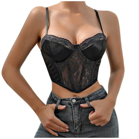 RYRJJ Womens Summer Lace Bustier Mesh Floral Embroidery Vintage Spaghetti Strap Corset Going Out Party Camisole Crop Top 03#Black L