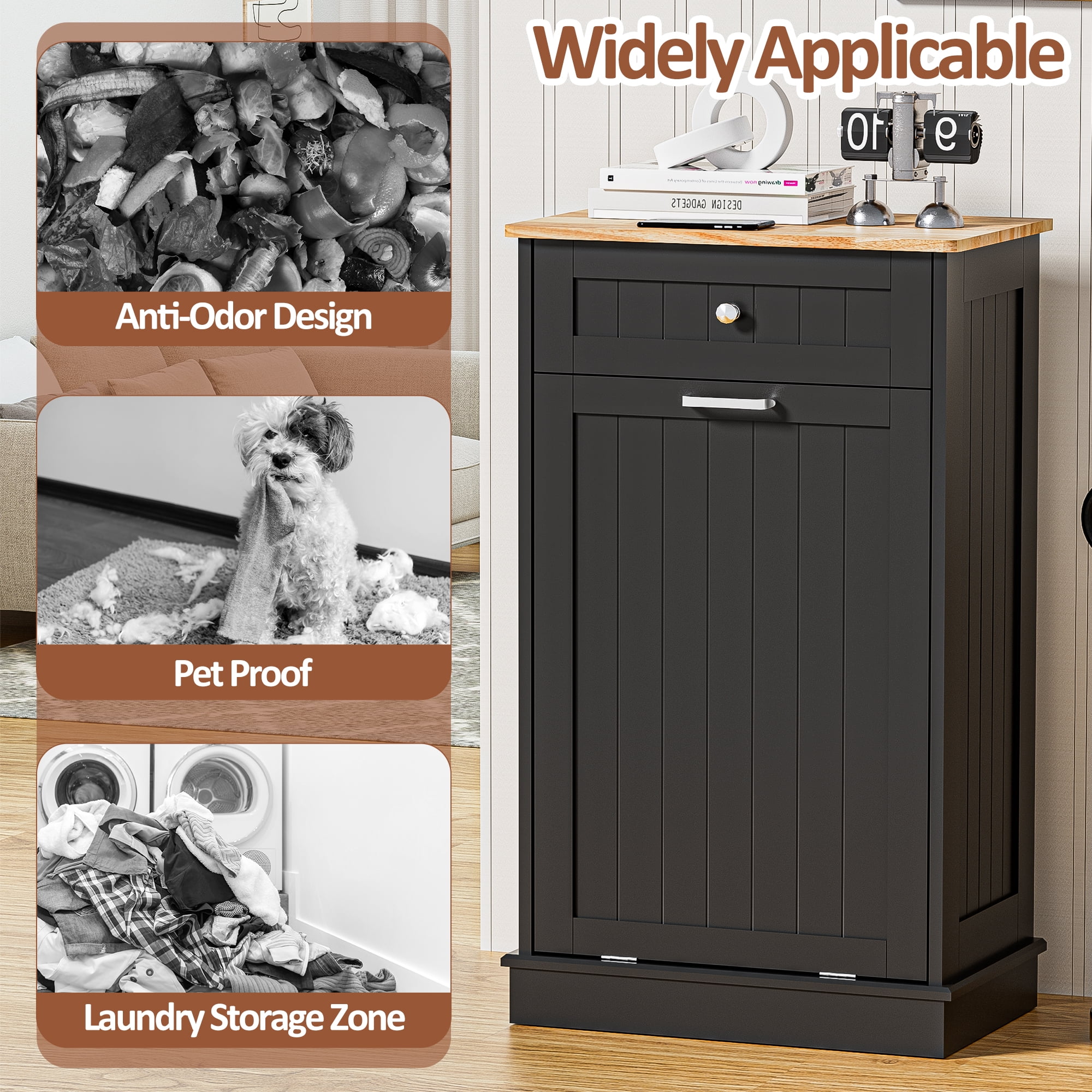 AHB 13 Gallon Single Tilt Out Trash Cabinet with Drawer, Freestanding Kitchen Trash Can Storage Organizer, 20.9"L x 13.55"W x 38.5"H, Black